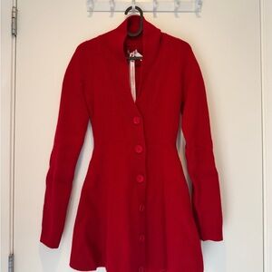 House of CB Red Ribbed Button-Front Long Cardigan